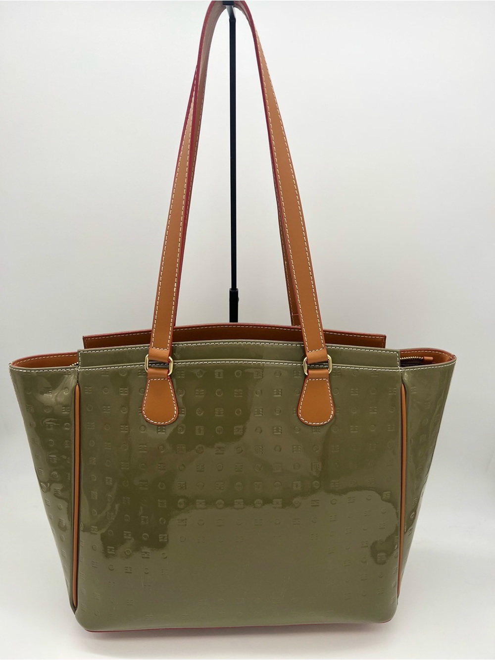Arcadia Authentic Patent Leather Tote Bag – Olive Green & Cognac